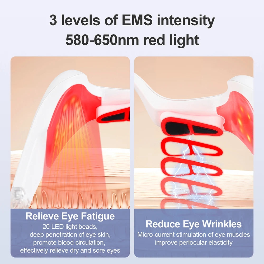 White EMS eye massager with red LED light therapy to reduce eye fatigue and wrinkles.