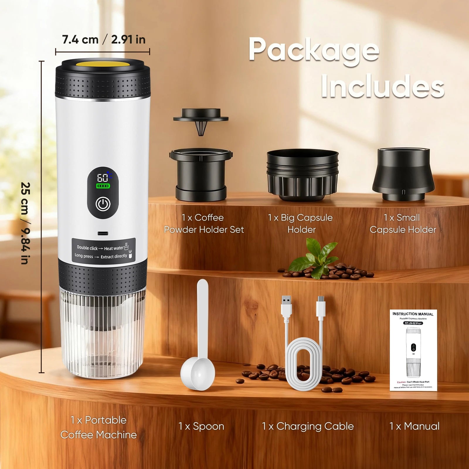 White portable electric espresso maker kit with capsule holders, coffee scoop, USB charger, and user manual.