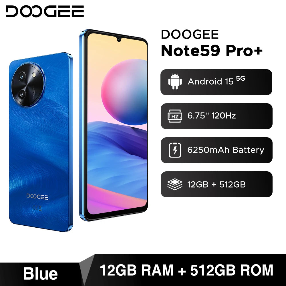 DOOGEE Note59 Pro+ 5G blue smartphone, 6.75" 120Hz display, Android 15, 6250mAh battery, 12GB RAM, 512GB storage.