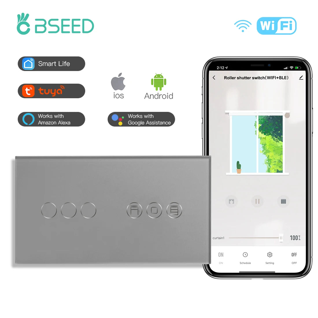 Tidesmit Smart WiFi Shutter Switch - App Controlled Roller Blind Timer Wifi 3Gang Gray Tidesmit