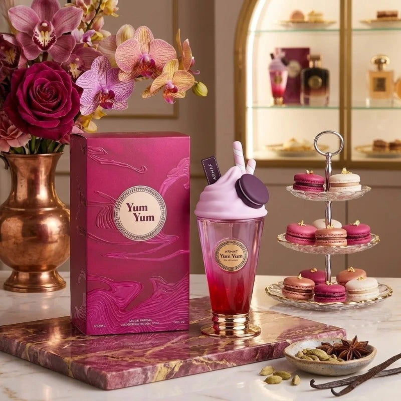 Armaf Yum Yum EDP: 100ml women's floral-fruity perfume in a unique ice cream sundae glass bottle. Sweet, long-lasting.