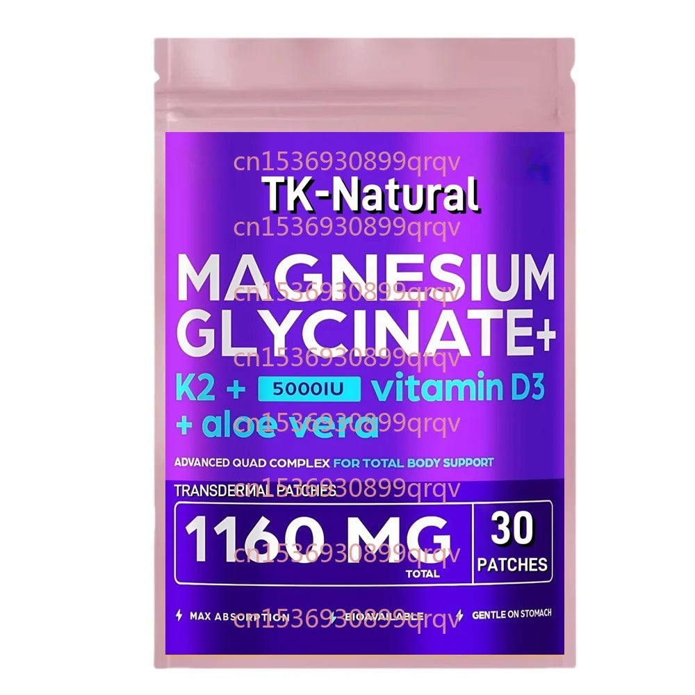 30 Patches Magnesium Glycinate Transdermal Patches With Aloe Vera, D3 & K2 – Supports Stress Response, Muscle Function & Healthy