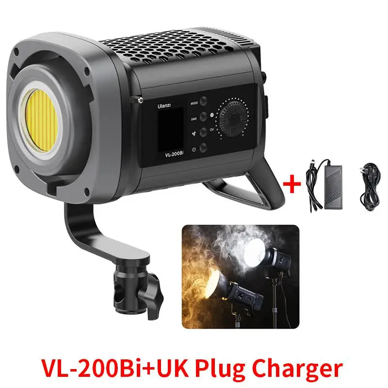 VL-200Bi LED studio light with mounting bracket, control panel, and UK power adapter for photography and videography.