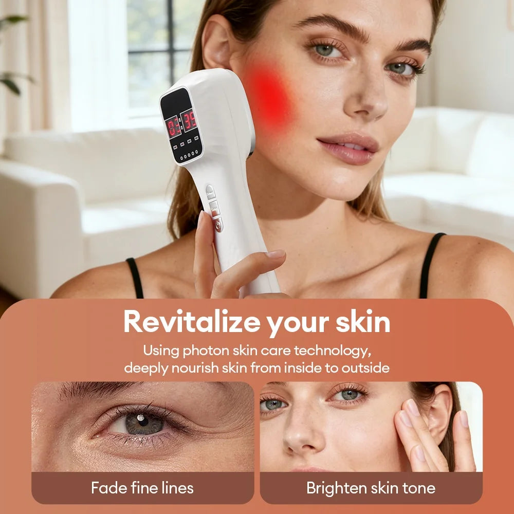 A white handheld infrared red light therapy device being used on a woman's cheek, with before and after skin close-ups.