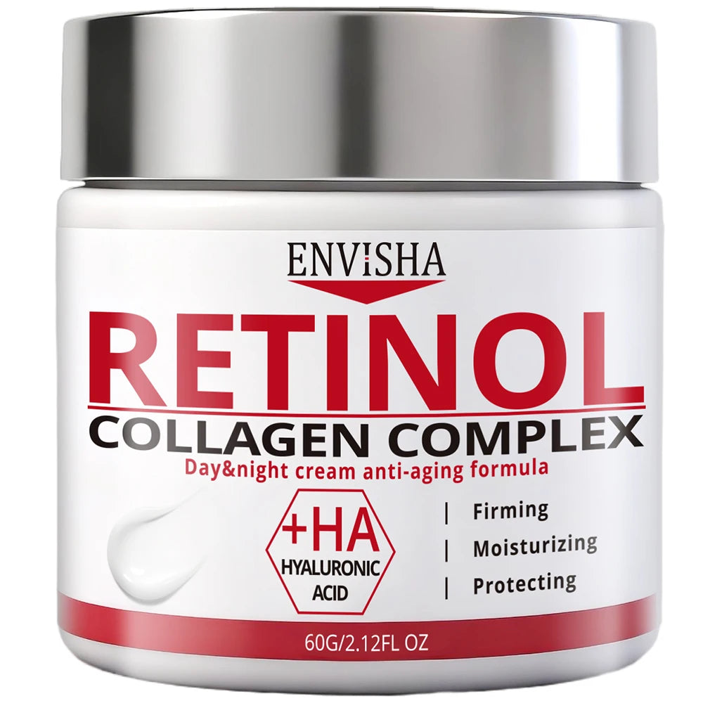 White round jar of Envisha Retinol Collagen Complex cream with a silver lid and bold red and black text.
