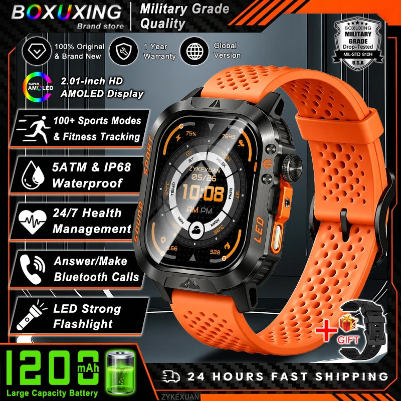 New 1200 mAh Battery Rugged Military Smartwatch Men 5ATM Waterproof Fitness Tracker Health Monitor 100+Sports Call Smart Watches