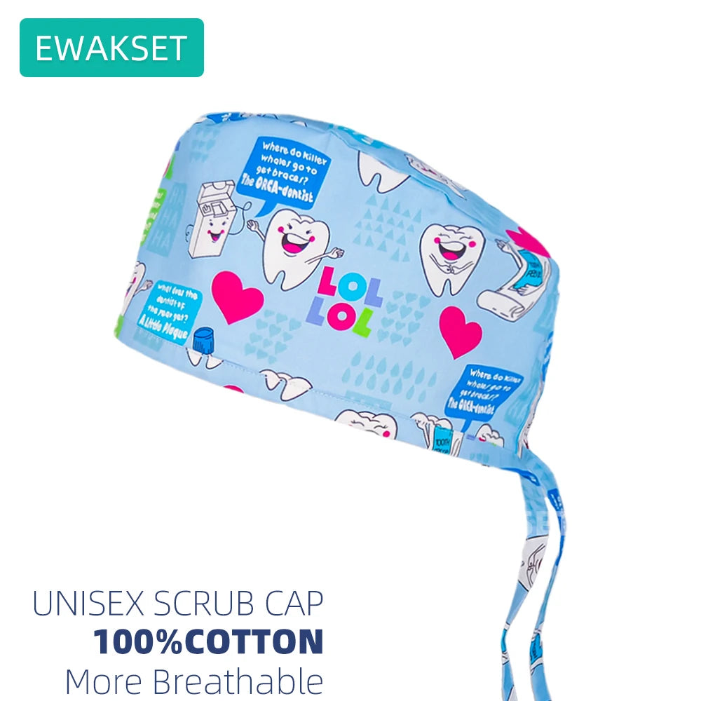 Unisex blue dental print cotton scrub cap with adjustable tie and sweatband for comfortable nursing or vet work.