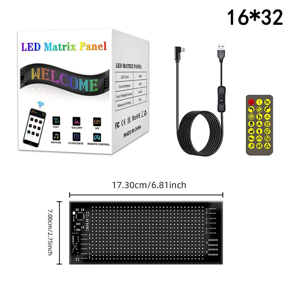 Car LED Matrix Pixel Panel 16x64 - Customizable RGB Scrolling Text Display 16x32 LED 7X17CM Tidesmit