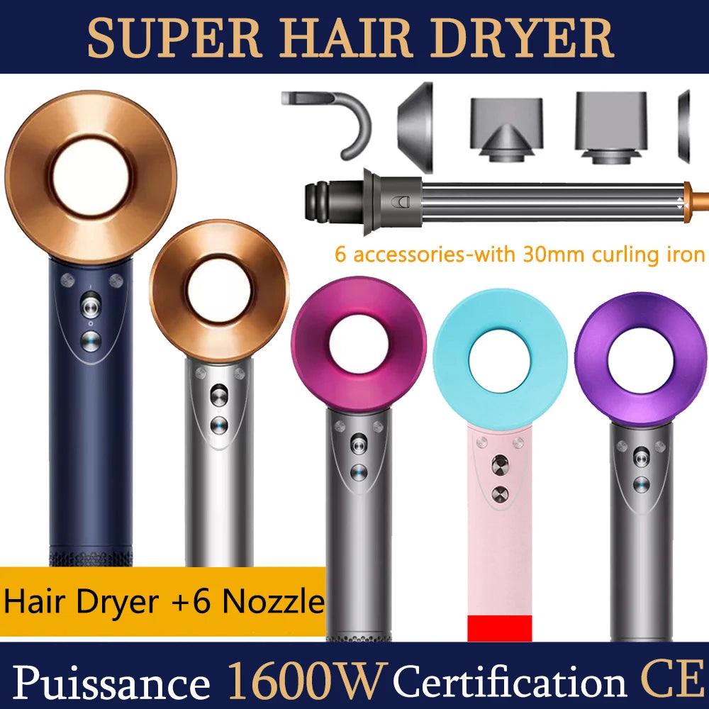 SenCiciMen 1600W leafless hair dryer set with 6 attachments, curling iron, and colorful professional ionic blow dryers.