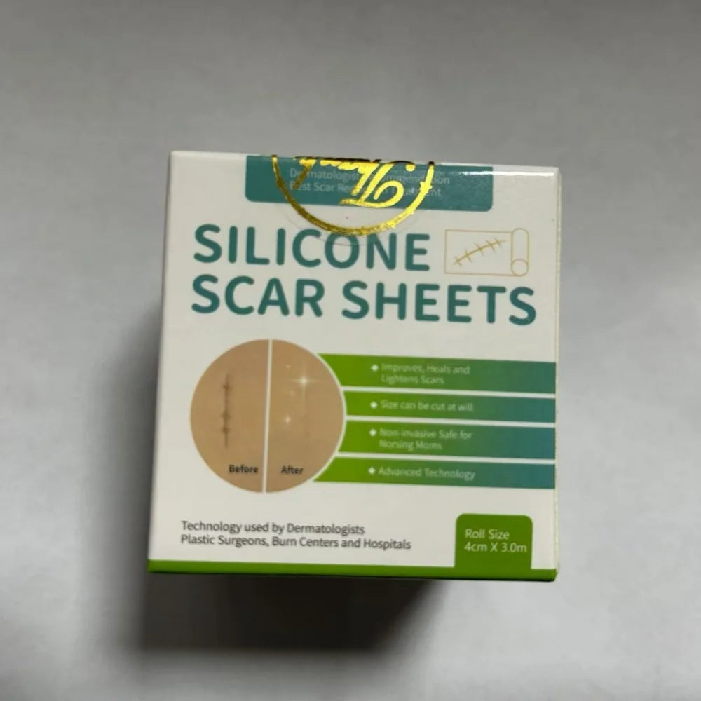 Box of 4cm x 3m reusable silicone scar sheets for stretch marks and surgical scar healing with before and after visuals.