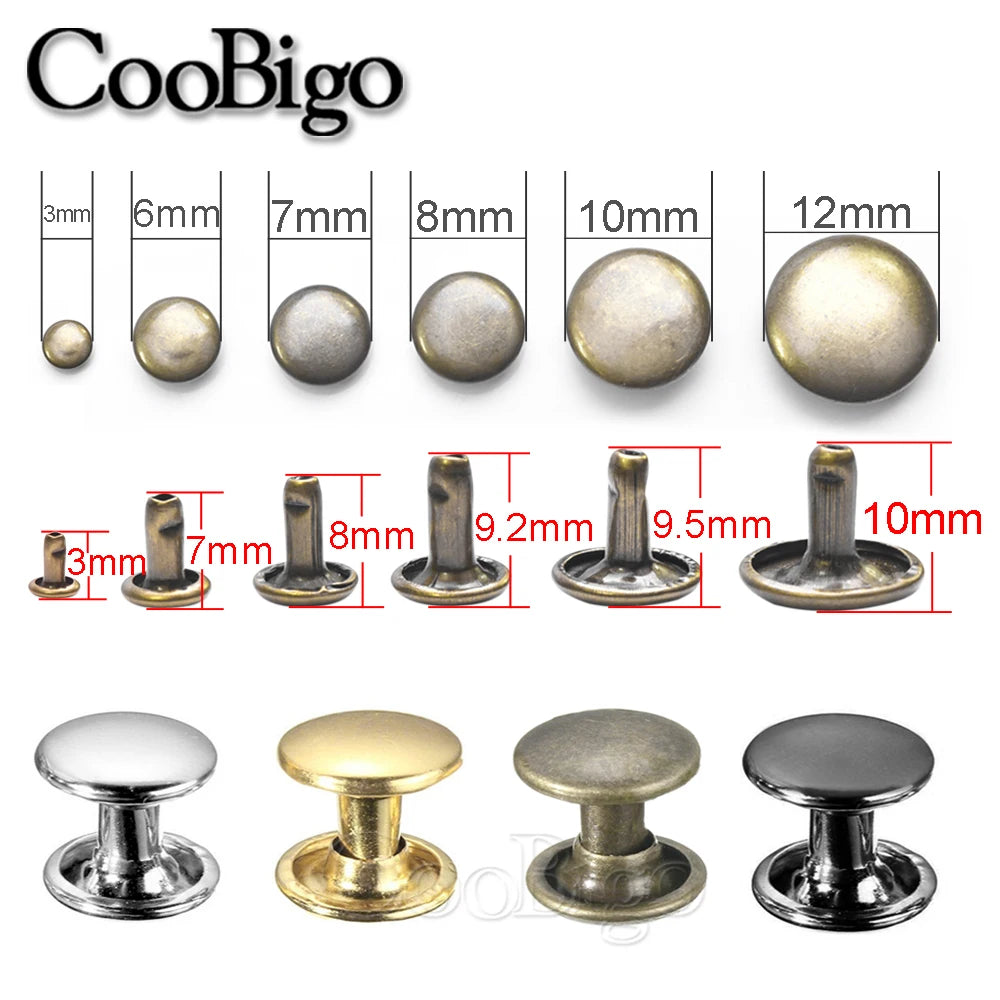 Metal double cap rivets for DIY leather pet collars, bags, and clothing. Round studs in various sizes and finishes.