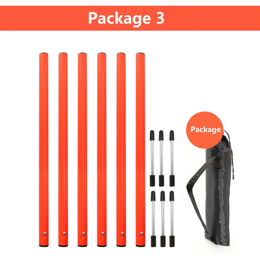 Portable dog agility training set with orange jumping stakes and carrying bag for outdoor pet exercise and sports.