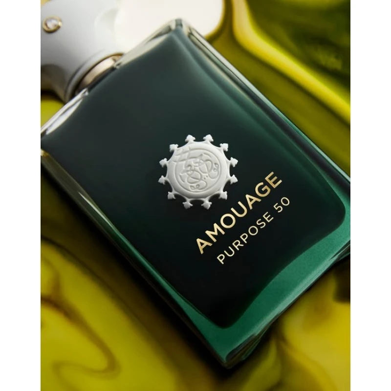Amouage Purpose 50 EDP: 100ml masculine woody aromatic fragrance in a sleek, rectangular green glass bottle.