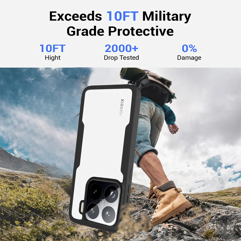 Shockproof clear armor case for Xiaomi 14/15 Pro. Military-grade 360-degree protection for outdoor adventures.