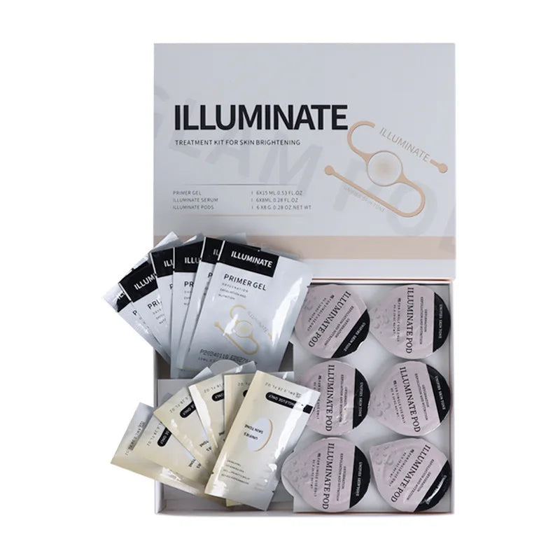 Illuminate skin brightening treatment kit containing primer gel sachets and six round skincare pods in a white box.