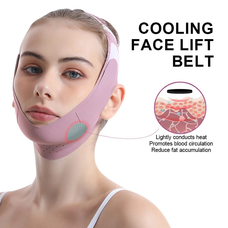 A woman wearing a pink, reusable V-line face slimming bandage with a heat-conducting patch on the chin.