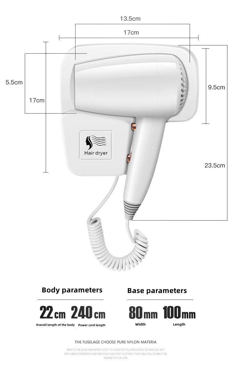 White wall-mounted bathroom hair dryer with blue light hair care tech, coiled cord, and dimensions diagram.