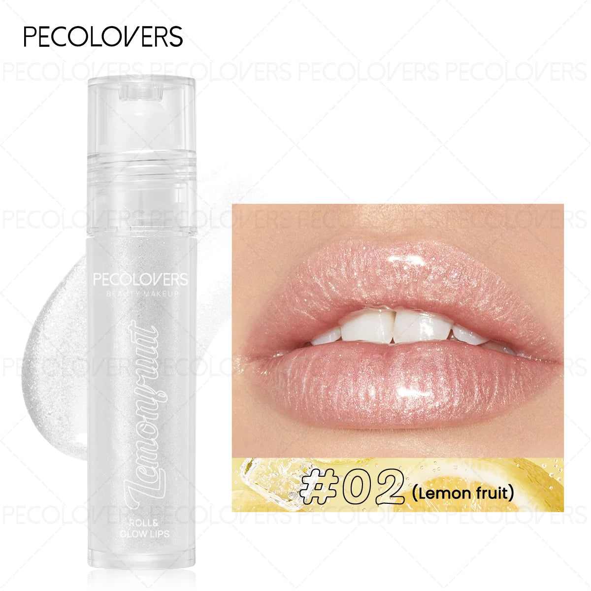 PECOLOVERS #02 Lemon Fruit moisturizing lip gloss in a clear tube, showcasing a natural, shimmering, glossy lip finish.