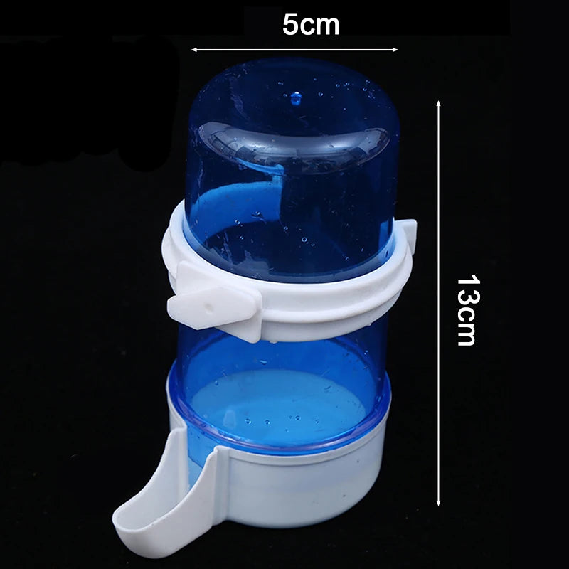 Automatic blue plastic bird feeder and water dispenser for parrot cages, 5x13cm, for easy pet hydration and feeding.
