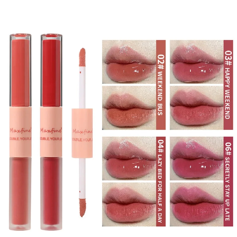 Double-headed lip gloss with matte and mirror finishes. Waterproof, long-lasting liquid lip colors in diverse shades.