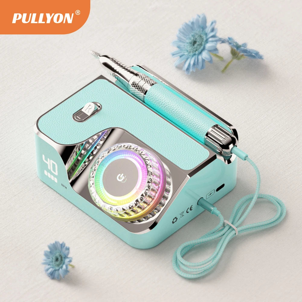 Luxury mint green 40000RPM rechargeable nail drill with LED light dial for professional home manicure and pedicure.