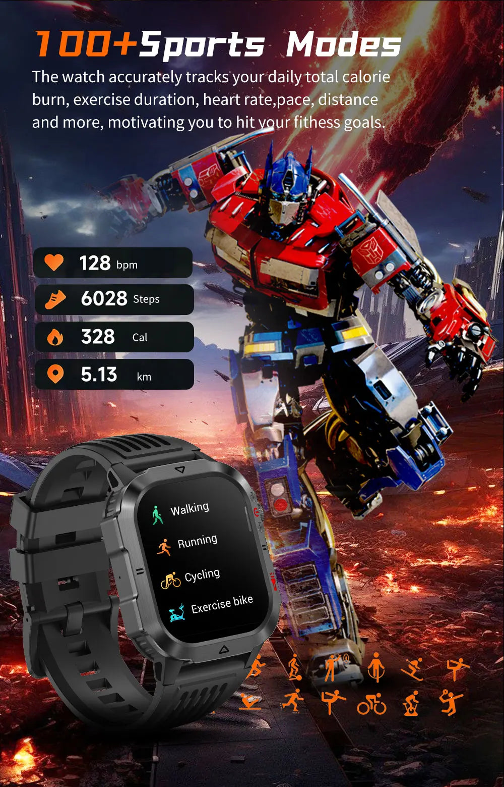 New 1000 MAh Battery Military Smartwatch 2.01" AMOLED Screen 5ATM Waterproof Fitness Tracker Sports Smart Watch For Android iOS
