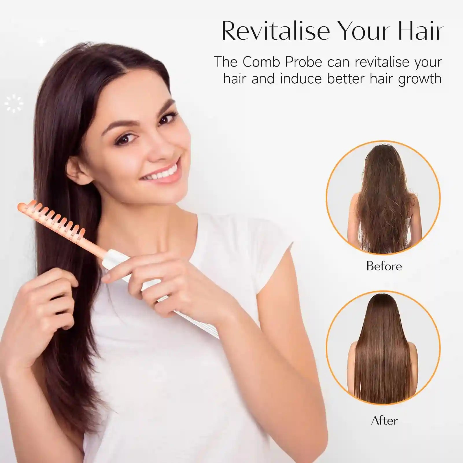 A woman using a neon orange glass comb electrode wand on her hair, with before and after results displayed.