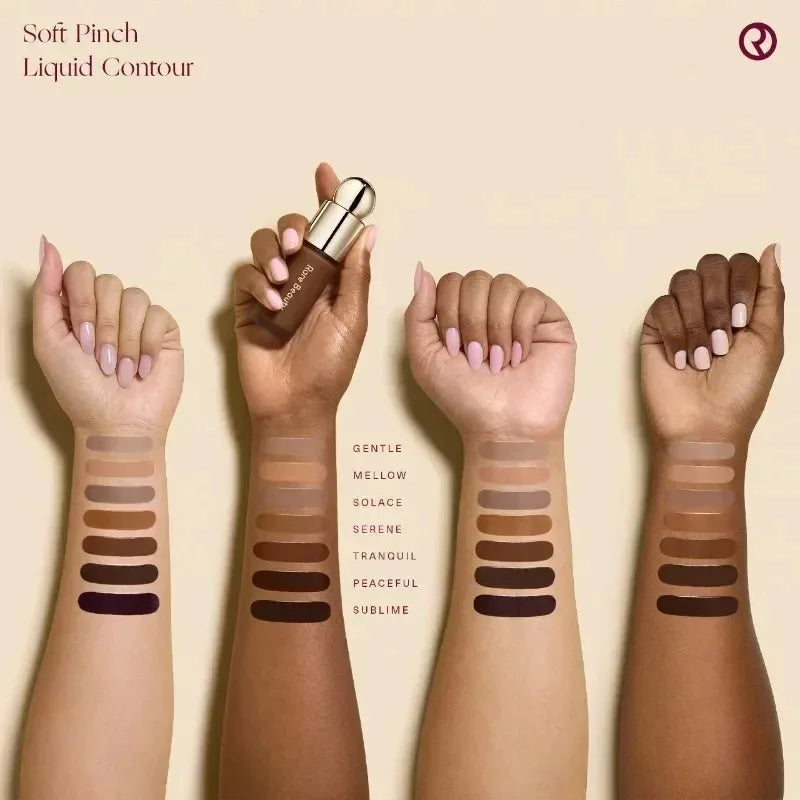 Rare Beauty Soft Pinch Liquid Contour swatches in 7 shades on diverse skin tones showing creamy, blendable texture.