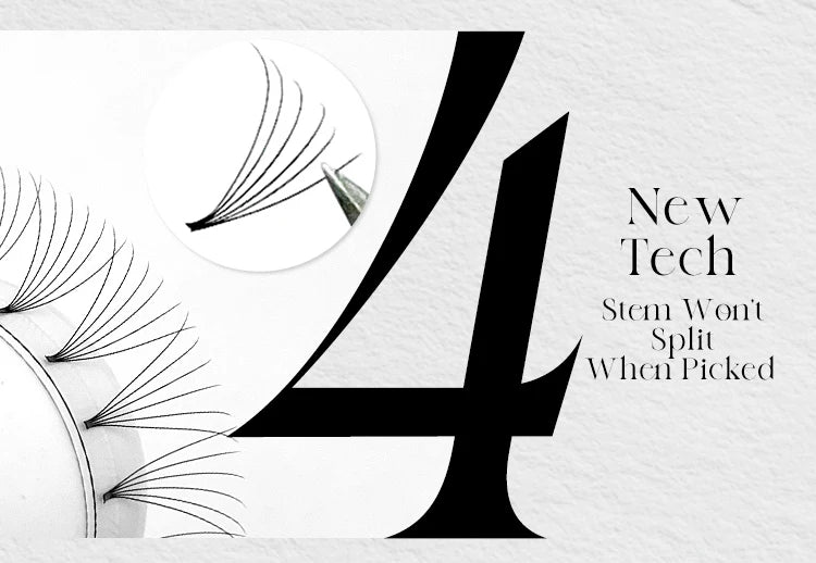 Black ABONNIE premade volume eyelash extension fans with short stems that stay bonded when picked.