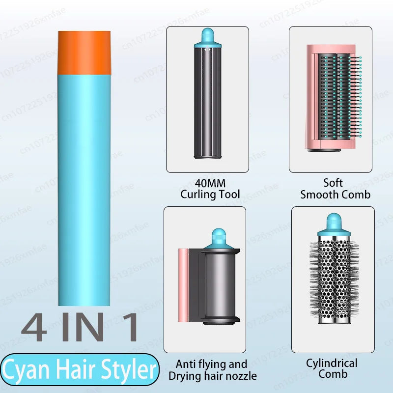 4-in-1 cyan hair styler and high-speed ionic hairdryer with curling tool, smoothing brush, and drying nozzle attachments.