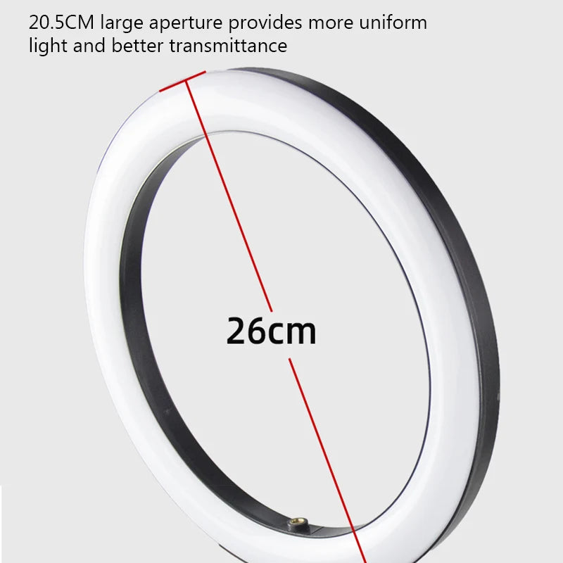 10-inch black circular LED ring light for photography and video lighting.