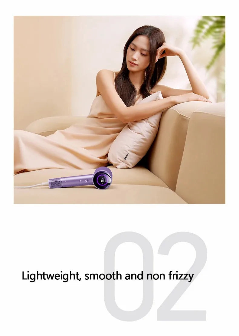 Purple high-speed ionic hair dryer with LED display on a couch, featuring 1600W power for smooth, frizz-free hair.