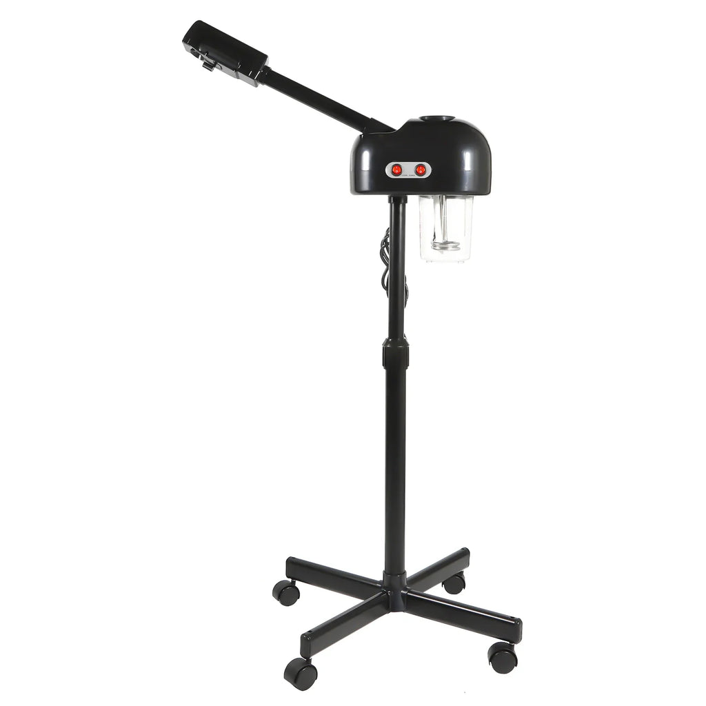 Black 800W facial steamer with 750ml tank, height-adjustable stand, and rolling wheels for spa pore cleaning.