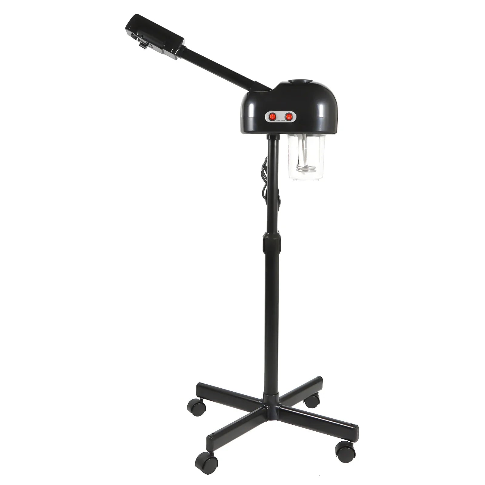Black 800W facial steamer with 750ml tank, height-adjustable stand, and rolling wheels for spa pore cleaning.