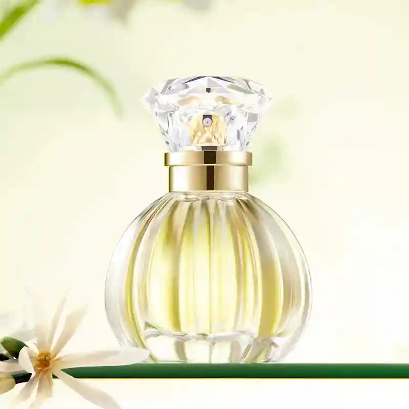 GECOMO Valley White Rose EDP 50ml: Women’s floral perfume in a round ribbed glass bottle with a crystal diamond cap.