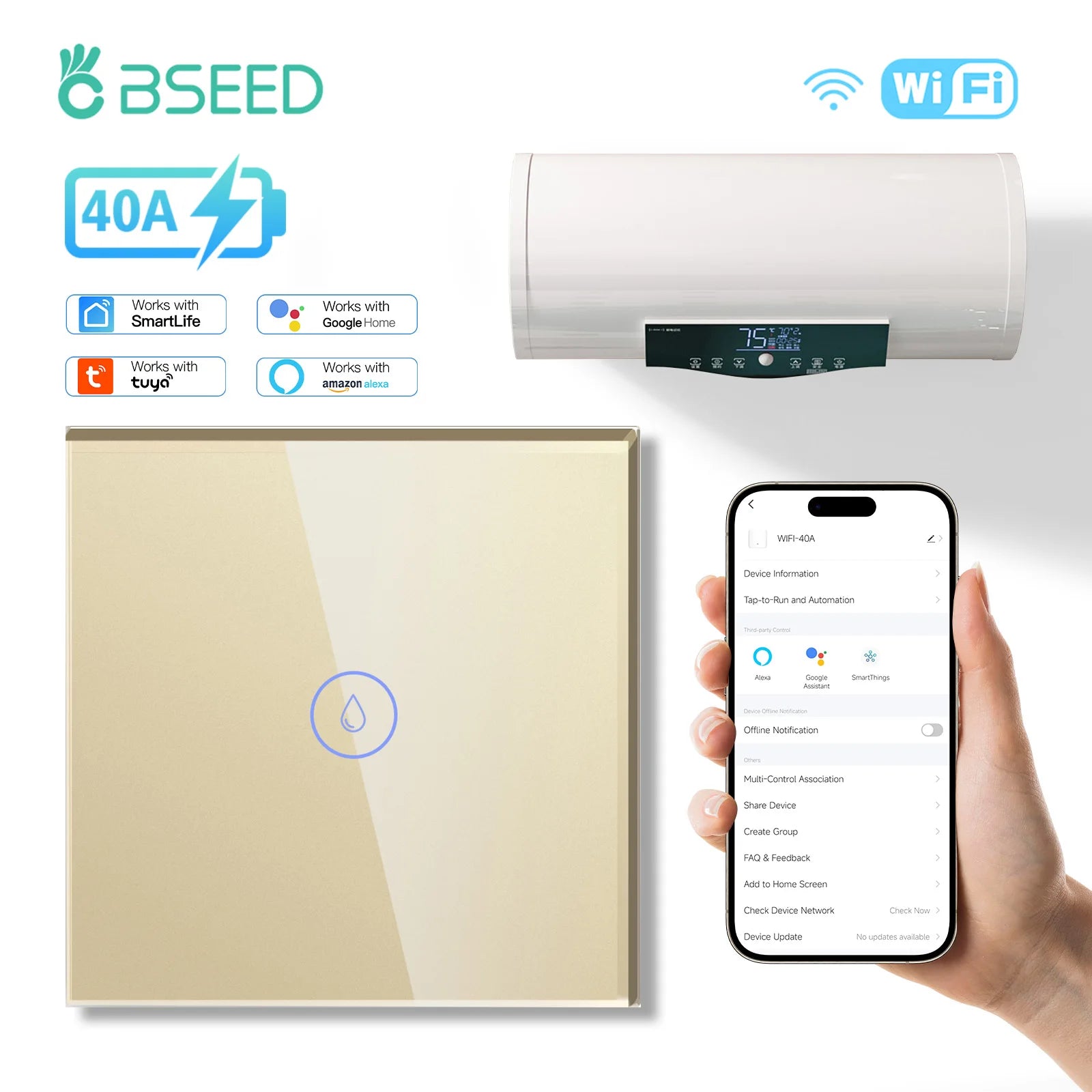 BSEED Wifi Smart Water Heater Switches Touch Boiler Switches 40A Plus EU Waterproof Socket For Kitchen Batroom Tuya Smart Life