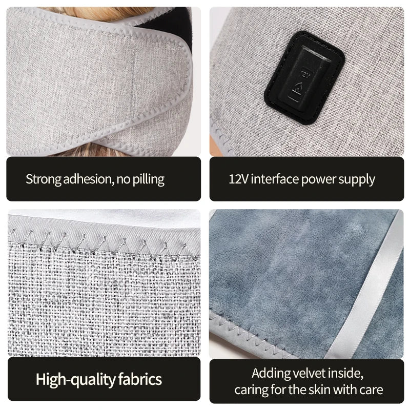 Grey heated head massager with soft velvet lining, 12V power, adjustable fabric wrap for migraine and stress relief.