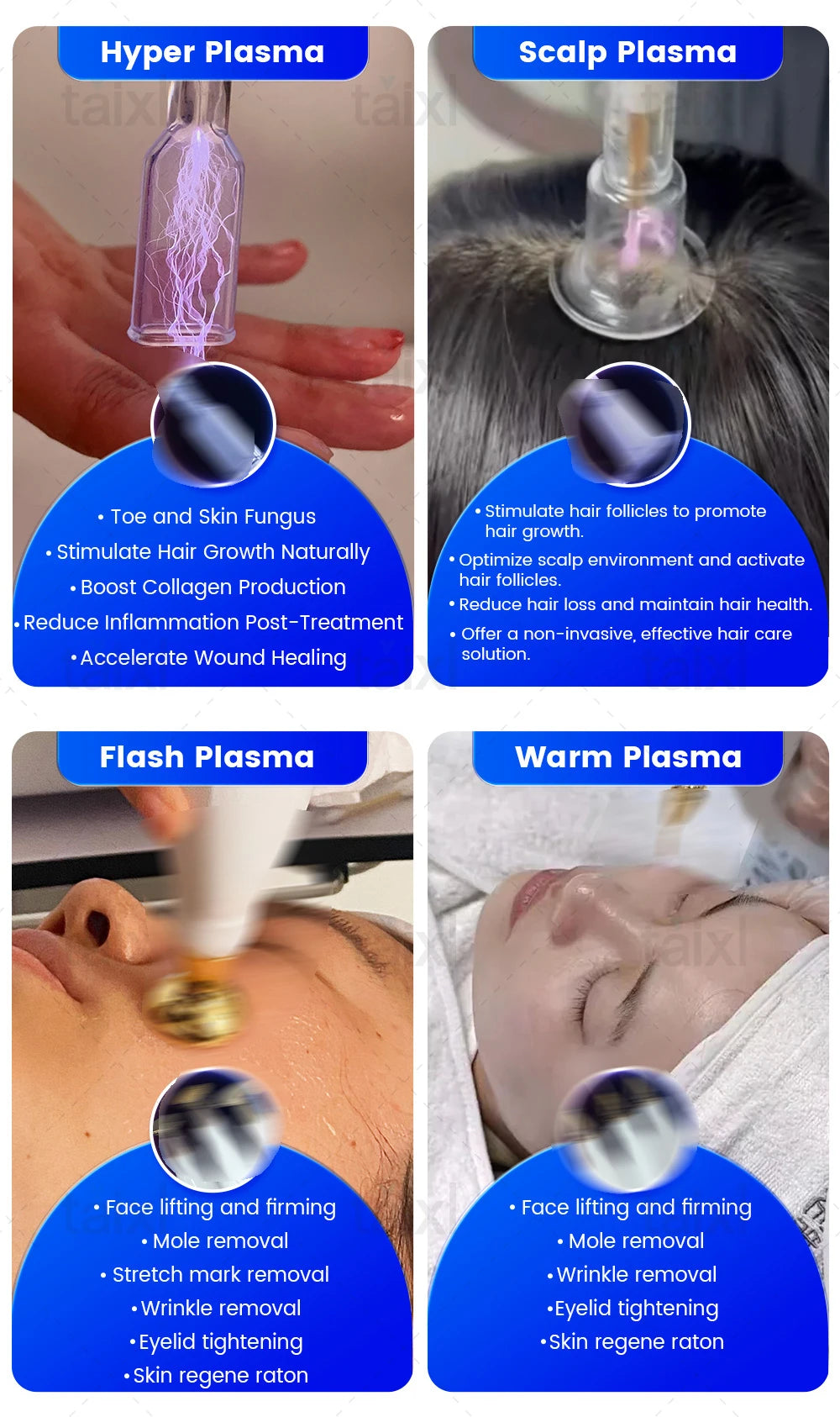 Tidesmit 8-in-1 medical grade plasma therapy device showing detailed pigmentation removal and facial treatment tips.