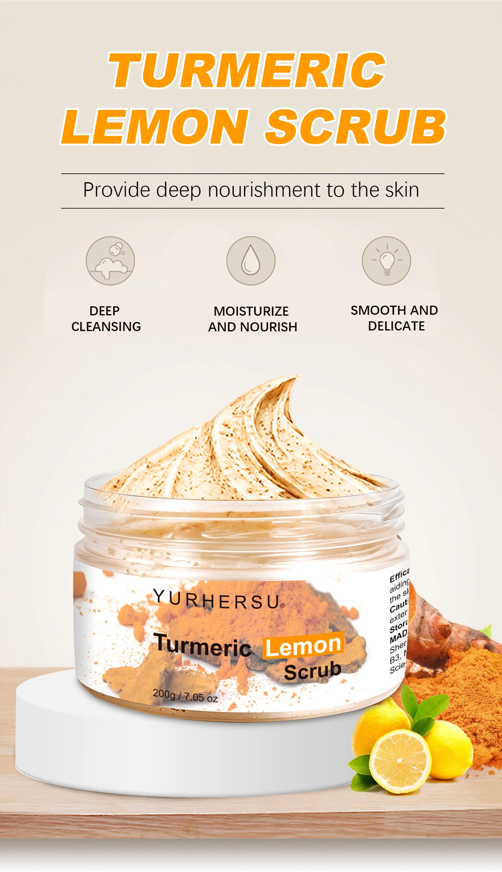 Turmeric Vitamin C Exfoliation scrub Moisturizing Collagen Hyaluronic Acid scrub Skin Care Cosmetics 200g