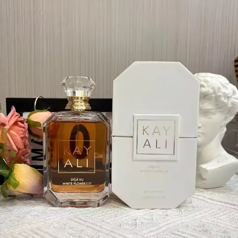 Kayali Deja Vu White Flower 57 EDP: 100ml luxury floral scent in a signature geometric glass bottle with crystal cap.