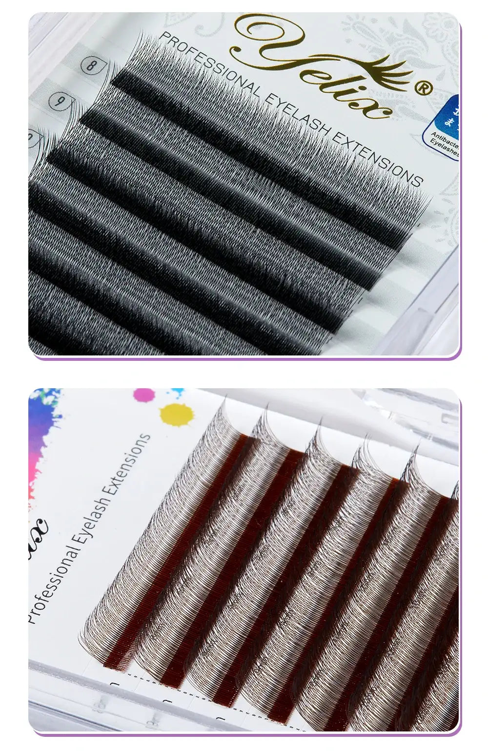 Yelix dark brown 2D Y-shaped premade volume lash extensions arranged in professional trays.