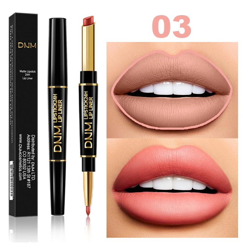 DNM 2-in-1 waterproof matte lipstick and lip liner pencil in shade 03 with a smooth, long-lasting nude finish.