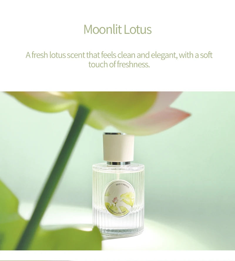 Moonlit Lotus perfume by Hope Oriental: long-lasting floral woody EDP, fresh lotus & jasmine, ribbed glass bottle.