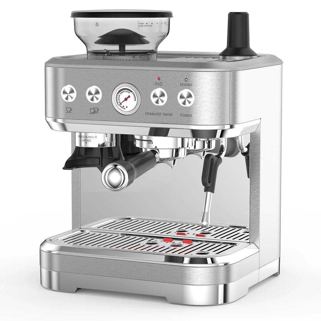 Stainless steel Breville Barista Express espresso machine with integrated conical burr grinder and pressure gauge.