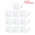 Ten 4x4cm square white TENS unit electrode pads with pigtail connectors for muscle stimulation.
