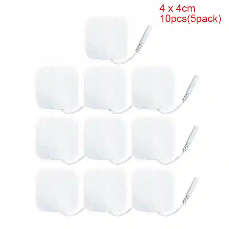 Ten 4x4cm square white TENS unit electrode pads with pigtail connectors for muscle stimulation.