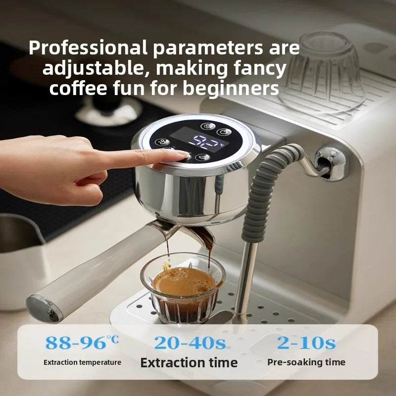 White chrome espresso machine with digital touch display, portafilter, and steam wand extracting coffee into a glass.