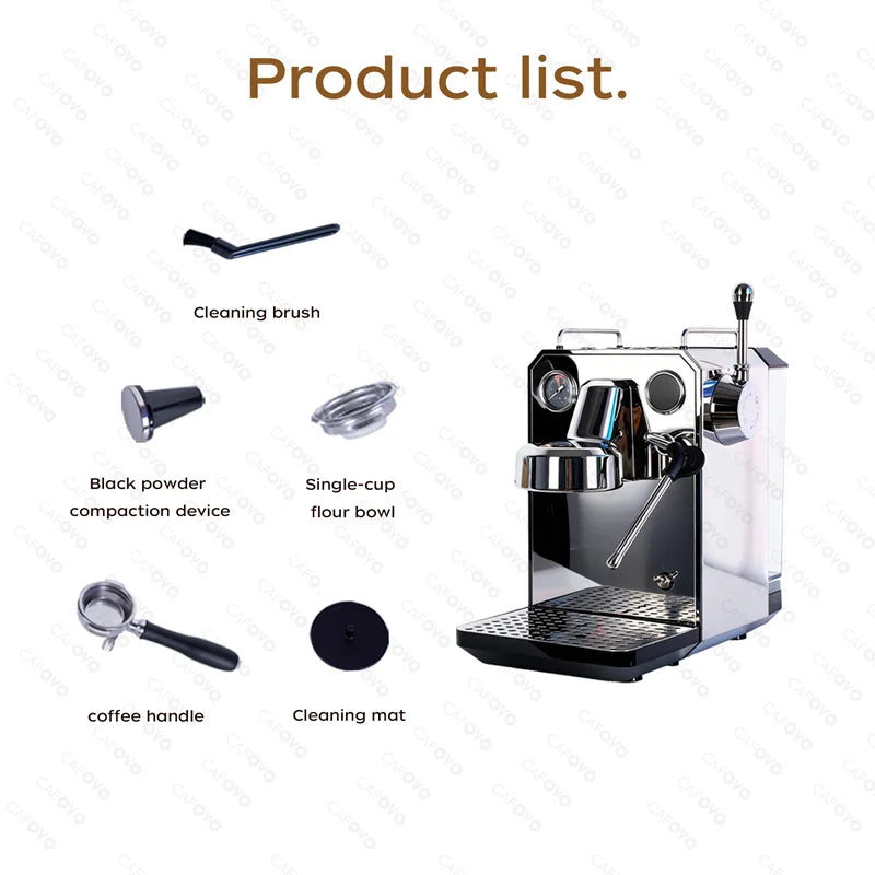 Cafovo chrome espresso machine with lever, portafilter, tamper, and cleaning tools on a white background.