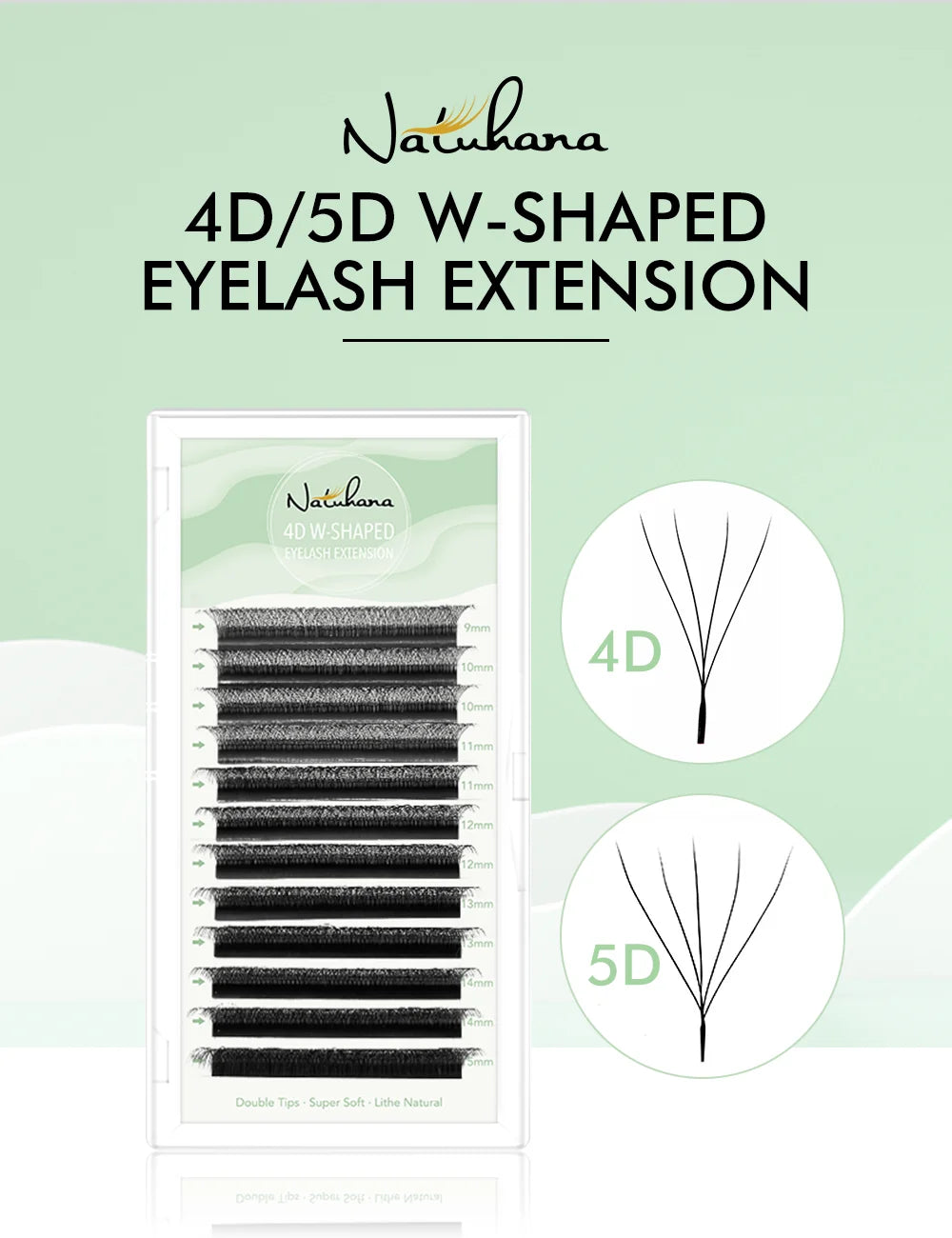 Natuhana 4D/5D black W-shaped premade eyelash extension tray with various lengths and fan style close-ups.