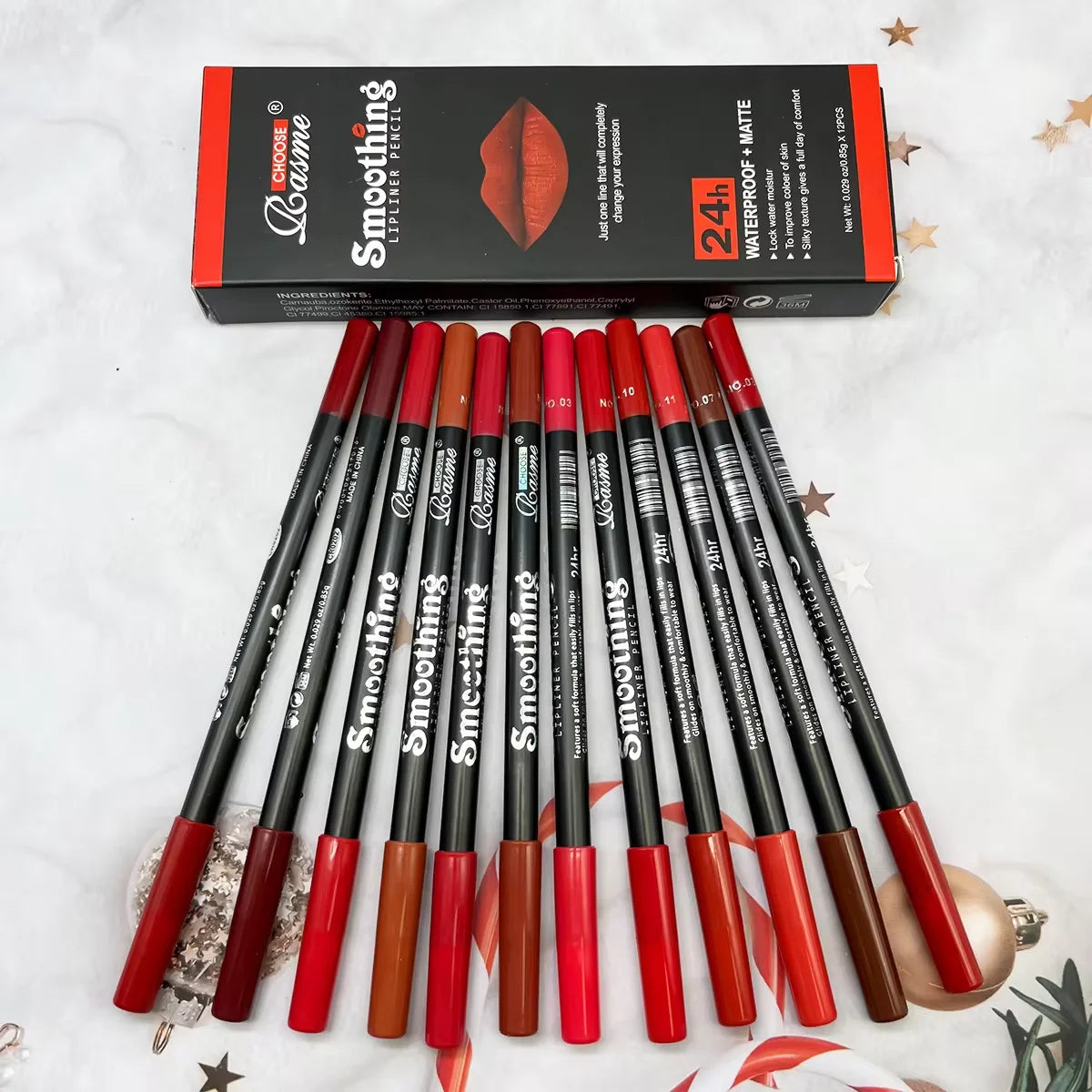 12-piece professional lip liner set in black rods, featuring waterproof matte colors for long-lasting lip makeup.